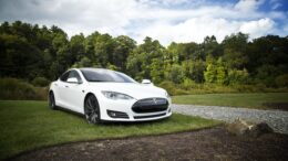 Tesla holder parkeret på græsplæne udenfor